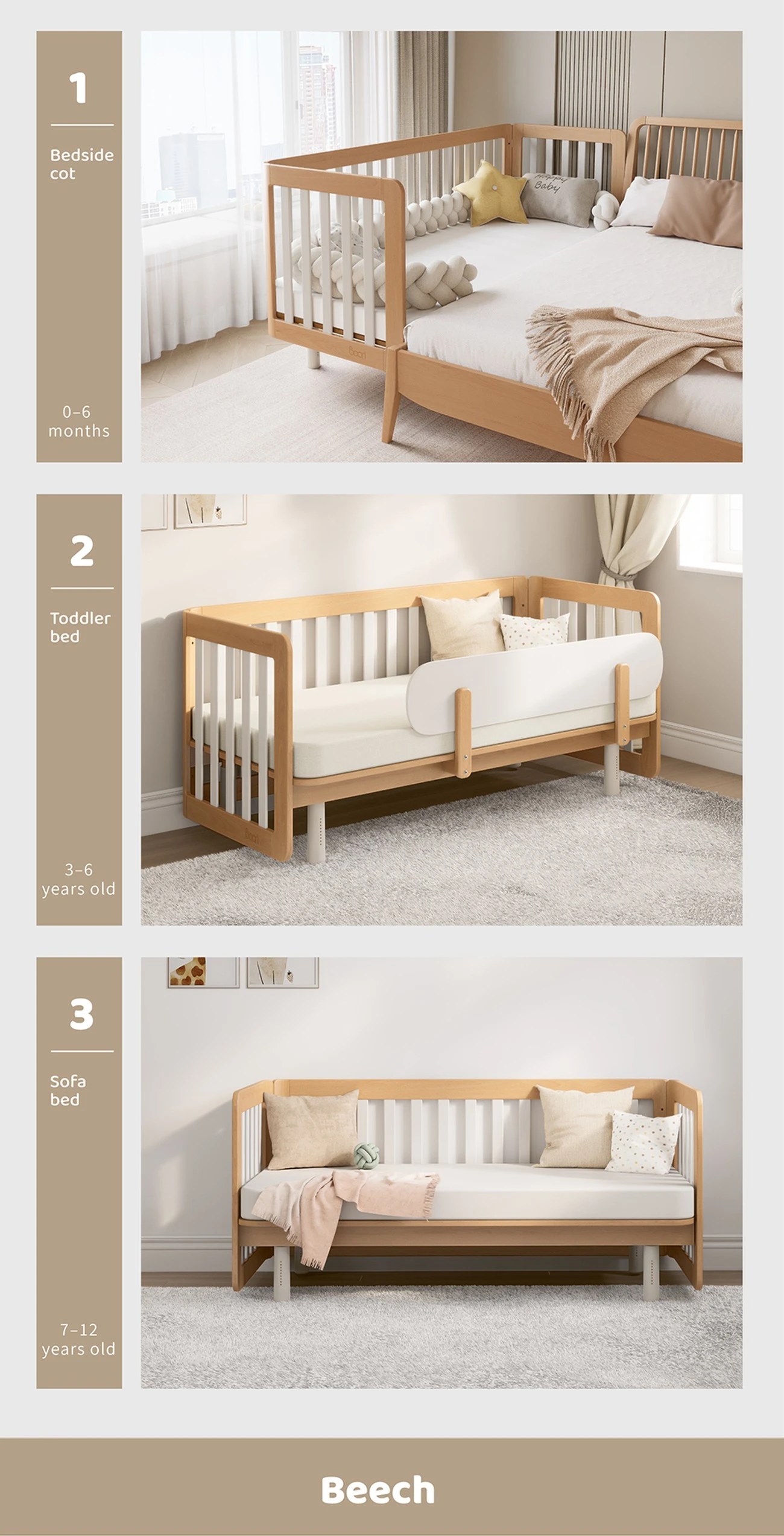 3-in-1 beechwood convertible crib diagram showing bedside cot, toddler bed, and sofa bed modes. 3-in-1 beechwood convertible crib diagram showing bedside cot, toddler bed, and sofa bed modes.